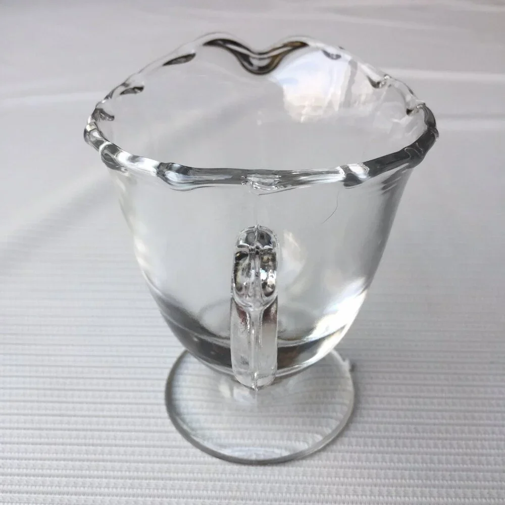 Clear Glass Creamer Pitcher Syrup Sauce Ruffled Rim Edge Ornate Handle Pedestal